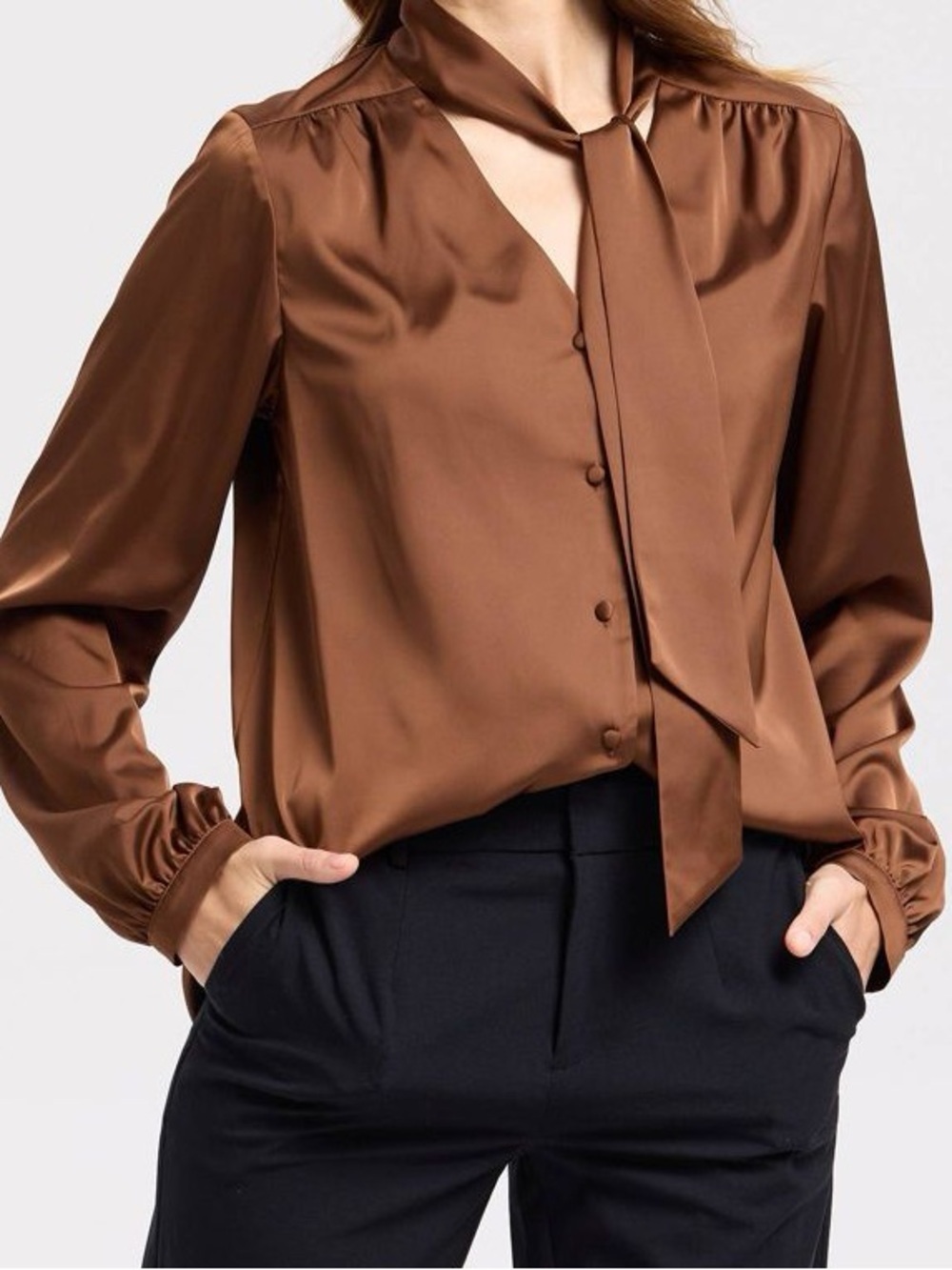 Women's Bishop Long Sleeve Satin Twill Tie Collar Blouse